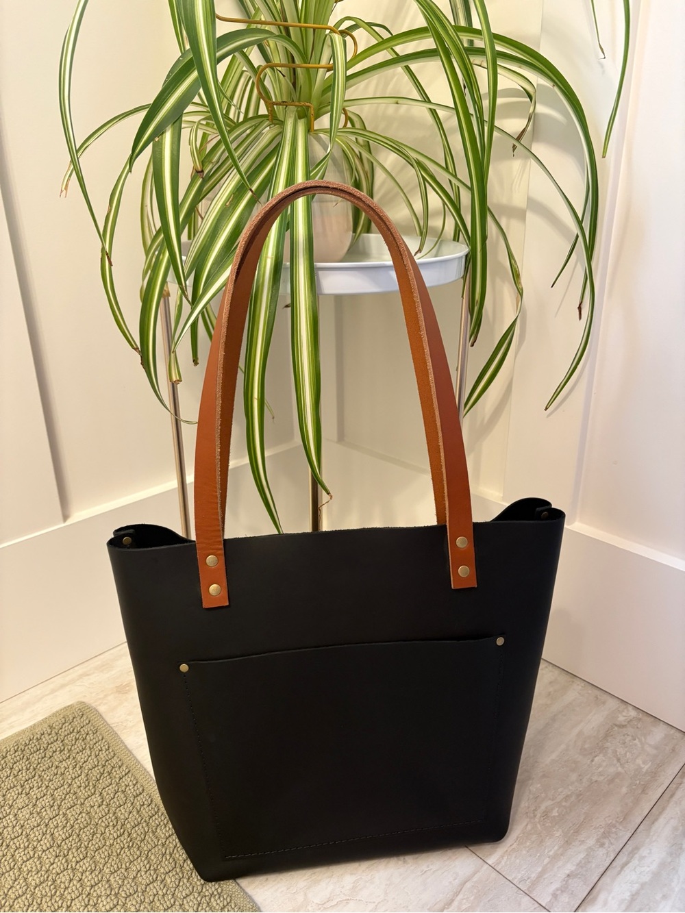 Portland Leather Black Tote with Brown Handles